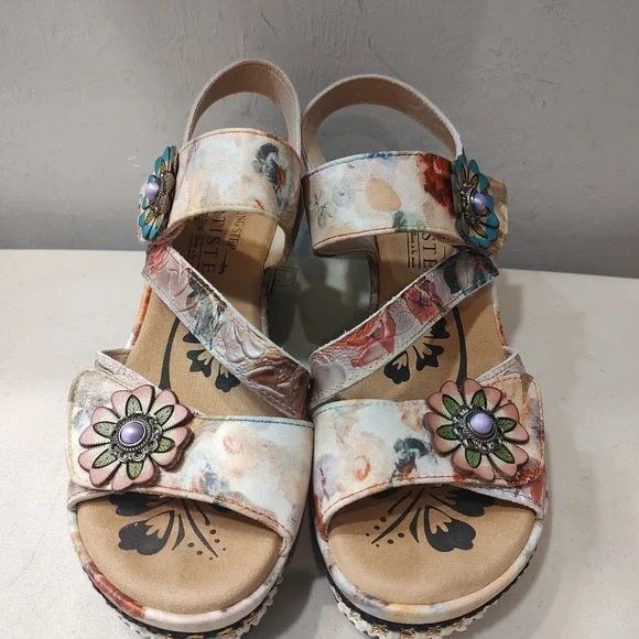 L'Artiste Women Blissful BGEM Leather Strappy Wedge Sandal US 6 6.5 EU 37 Floral - Picture 3 of 11
